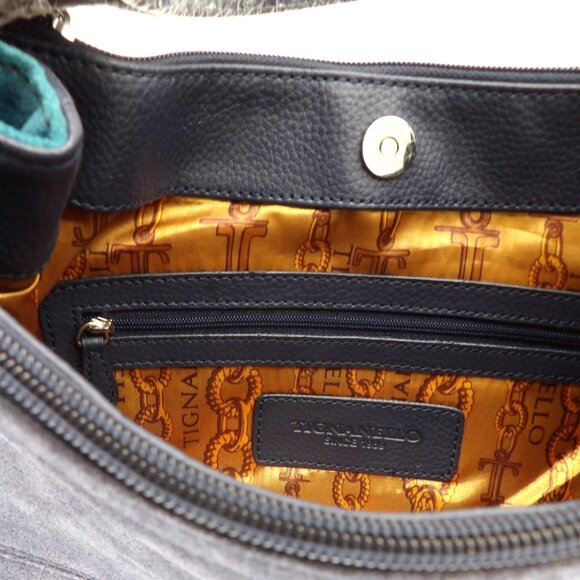 Tignanello Leather Blue Suede Handbag Satchel with Expanding Sides - Picture 4 of 7